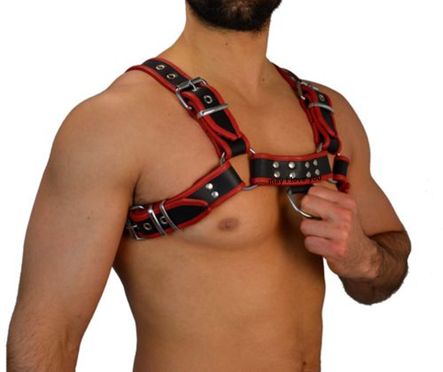 Mens Black&Red Leather Chest Harness Bondage,2 D- ring Clubwear Dancewear Party Wear,Sexy Lingerie, Sex Toys For Men
